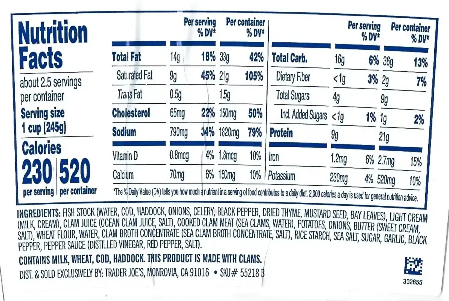 Trader Joes New England Clam Chowder Ingredients Nutrition Facts