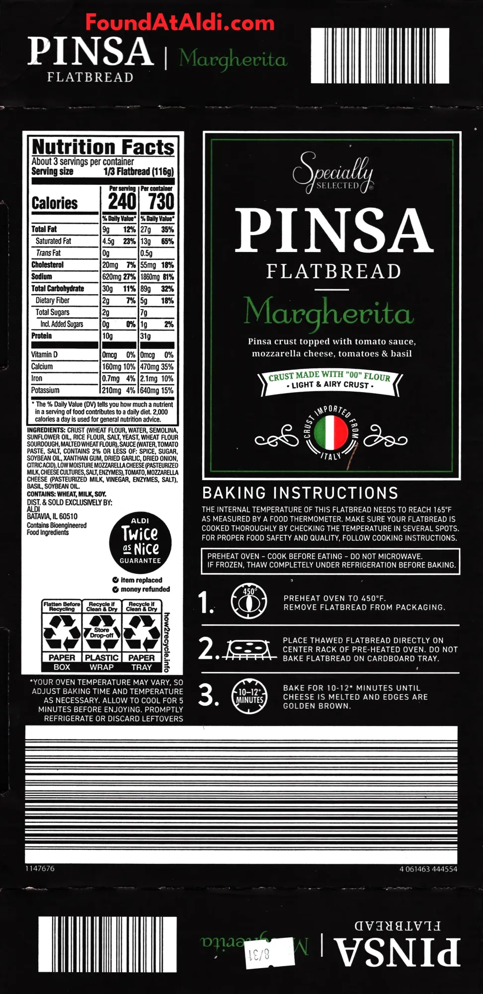 Specially Selected Pinsa Flatbread Margherita Ingredients Nutrition Facts Cooking Directions