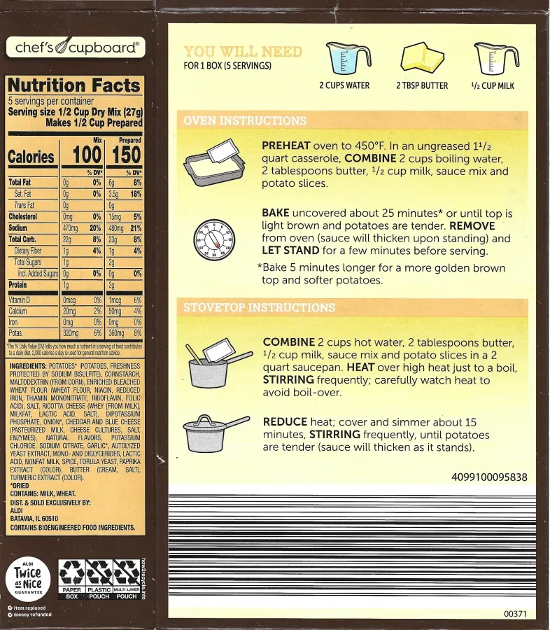 Chefs Cupboard Au Gratin Potatoes Ingredients Nutrition Facts Cooking Directions