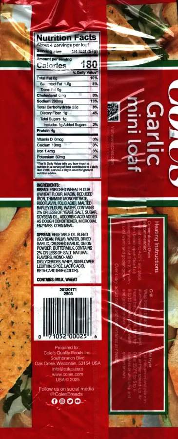 Coles Garlic Bread Mini Loaf Ingredients Nutrition Facts Cooking Directions
